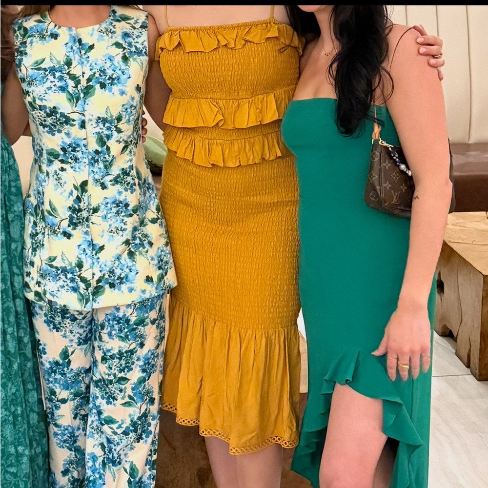 ANTONIO MELANI Mustard Strap Ruffle Midi Dress